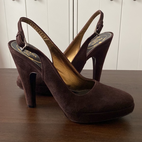 Prada Chocolate Brown Suede Slingback Platform Pumps - Picture 4 of 13